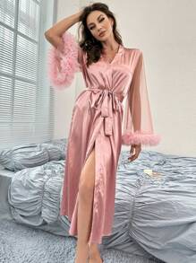 Solid Mesh Sleeve Belted Satin Robe - Pink - View 3