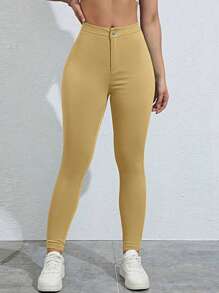 Pantalones largos casuales y elegantes de unicolor para mujer - Caqui - Ver 2