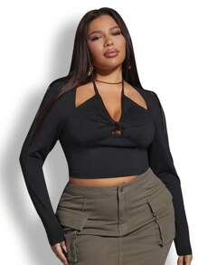 SHEIN SXY 大碼鏤空後綁帶短款T恤 - 黑色 - 查看 5