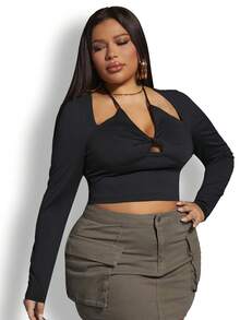 SHEIN SXY 大碼鏤空後綁帶短款T恤 - 黑色 - 查看 4