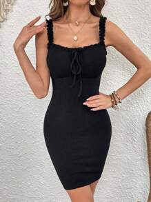 SHEIN VCAY Frill Trim Knot Front Cami Bodycon Dress - Black - View 5
