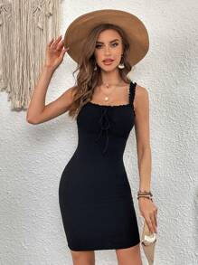 SHEIN VCAY Frill Trim Knot Front Cami Bodycon Dress - Black - View 6