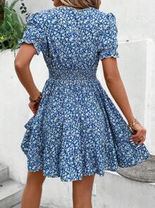 SHEIN Clasi 碎花泡泡袖荷葉邊連衣裙 - 藍白色 - 查看 2