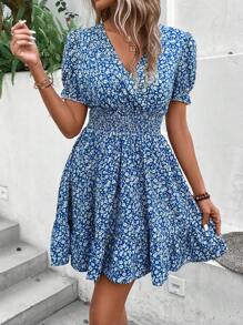 SHEIN Clasi 碎花泡泡袖荷葉邊連衣裙 - 藍白色 - 查看 5