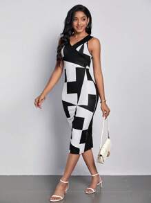 SHEIN Clasi Geo Print Bodycon Dress - Black and White - View 1