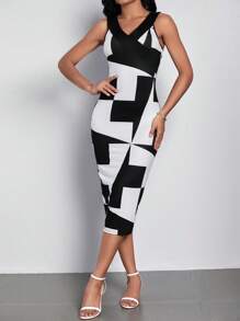 SHEIN Clasi Geo Print Bodycon Dress - Black and White - View 5