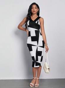 SHEIN Clasi Geo Print Bodycon Dress - Black and White - View 6