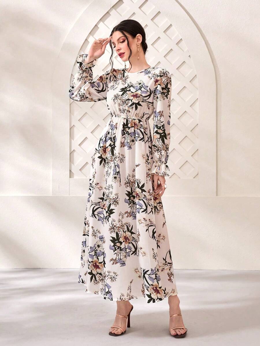 Mulvari Floral Print Flare Sleeve Dress Maxi Women Outfit Fall Cloth For Women