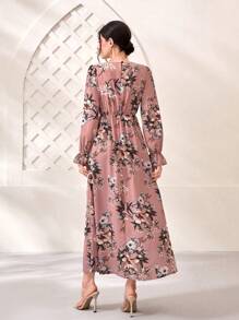 Mulvari Floral Print Flare Sleeve Dress Maxi Women Outfit Fall Cloth For Women - Dusty Pink - View 3