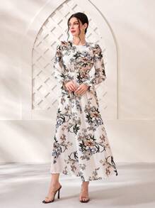 Mulvari Floral Print Flare Sleeve Dress Maxi Women Outfit Fall Cloth For Women