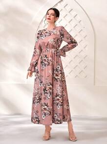 Mulvari Floral Print Flare Sleeve Dress Maxi Women Outfit Fall Cloth For Women - Dusty Pink - View 5