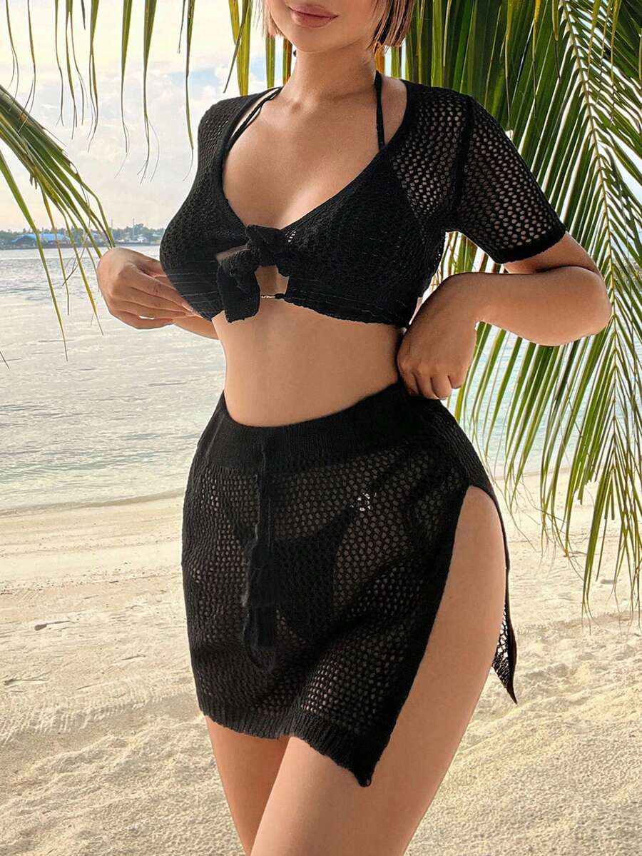 SHEIN Swim Hollow Out Tie Front Split Thigh Cover Up Set Without Bikini Set - Black - View 1