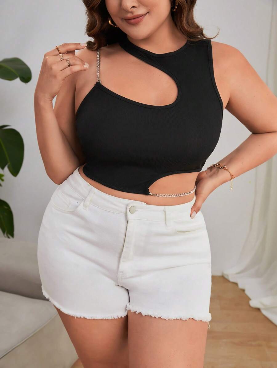 SHEIN ICON áo nữ kích thước lớn Bất đối xứng Chuỗi màu trơn Gợi cảm - màu đen - Xem 1