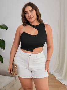 SHEIN ICON áo nữ kích thước lớn Bất đối xứng Chuỗi màu trơn Gợi cảm - màu đen - Xem 5