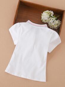 年轻女孩卡通贴片条纹装饰 Polo 衫 - 白色 - 查看 2