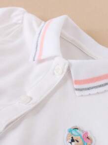 年轻女孩卡通贴片条纹装饰 Polo 衫 - 白色 - 查看 3
