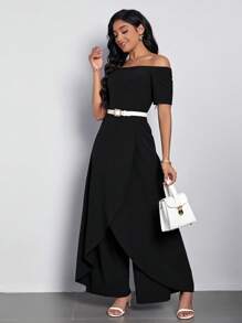 SHEIN Clasi 一字肩圍裹下擺闊腿連體褲不附腰帶 - 黑色 - 查看 5