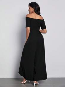 SHEIN Clasi 一字肩圍裹下擺闊腿連體褲不附腰帶 - 黑色 - 查看 2