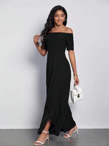 SHEIN Clasi 一字肩圍裹下擺闊腿連體褲不附腰帶 - 黑色 - 查看 3