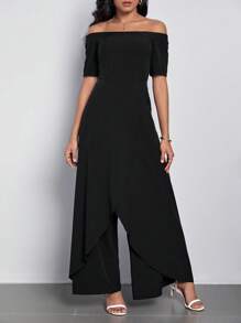 SHEIN Clasi 一字肩圍裹下擺闊腿連體褲不附腰帶 - 黑色 - 查看 4