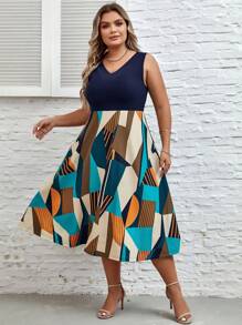 SHEIN LUNE 大碼條紋和幾何圖案連衣裙 - 藏蓝色 - 查看 4