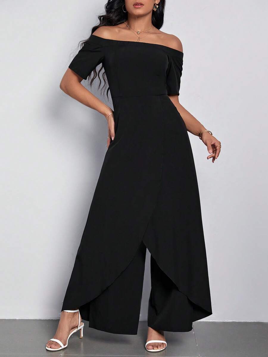 SHEIN Clasi 一字肩圍裹下擺闊腿連體褲不附腰帶 - 黑色 - 查看 1