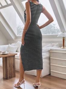 SHEIN LUNE 條紋圖案前扭結高衩背心連衣裙 - 黑與白 - 查看 2