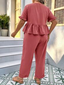 SHEIN LUNE 大碼荷葉袖花邊下擺上衣和褲子 - 藕粉色 - 查看 2