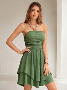 SHEIN VCAY Đầm Lộ Lưng Xù phân lớp màu trơn Giải trí - xanh quân đội - Xem 6