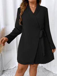 SHEIN Clasi Đầm Plus Size Thắt nút Xếp li Trọn gói màu trơn Giải trí - màu đen - Xem 3