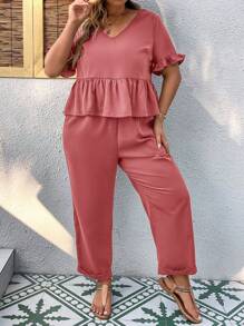 SHEIN LUNE 大碼荷葉袖花邊下擺上衣和褲子 - 藕粉色 - 查看 5