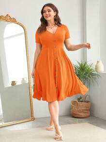 SHEIN Clasi Đầm Plus Size Nút phía trước màu trơn Giải trí - trái cam - Xem 1