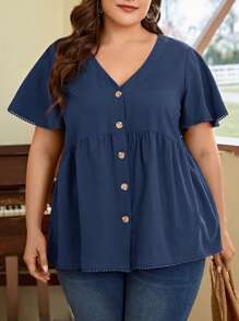 SHEIN LUNE Áo sơ mi Plus Size Viên lá sen Nút phía trước màu trơn Dễ thương - Màu xanh hải quân - Xem 2
