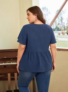 SHEIN LUNE Áo sơ mi Plus Size Viên lá sen Nút phía trước màu trơn Dễ thương - Màu xanh hải quân - Xem 3