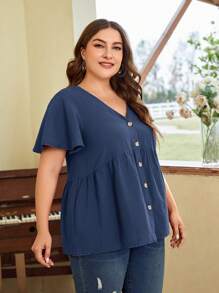SHEIN LUNE Áo sơ mi Plus Size Viên lá sen Nút phía trước màu trơn Dễ thương - Màu xanh hải quân - Xem 5