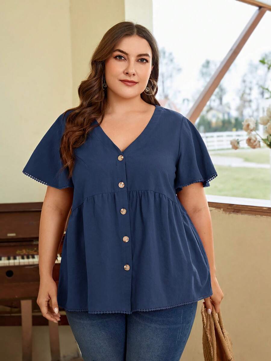 SHEIN LUNE Áo sơ mi Plus Size Viên lá sen Nút phía trước màu trơn Dễ thương - Màu xanh hải quân - Xem 1
