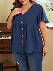 SHEIN LUNE Áo sơ mi Plus Size Viên lá sen Nút phía trước màu trơn Dễ thương - Màu xanh hải quân - Xem 6
