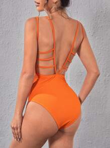 SHEIN Privé 素色露背吊帶連體衣 - 橘色 - 查看 2