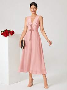 SHEIN Belle Solid Tie Front Bridesmaid Dress - Baby Pink - View 2