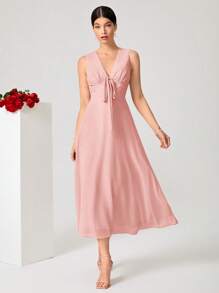 SHEIN Belle Solid Tie Front Bridesmaid Dress - Baby Pink - View 5