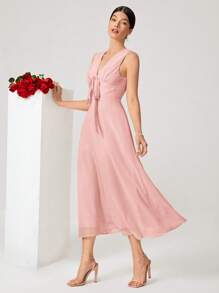 SHEIN Belle Solid Tie Front Bridesmaid Dress - Baby Pink - View 1