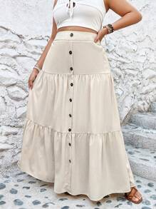 SHEIN VCAY Váy Plus Size Viên lá sen Nút phía trước màu trơn Giải trí - Màu be - Xem 1