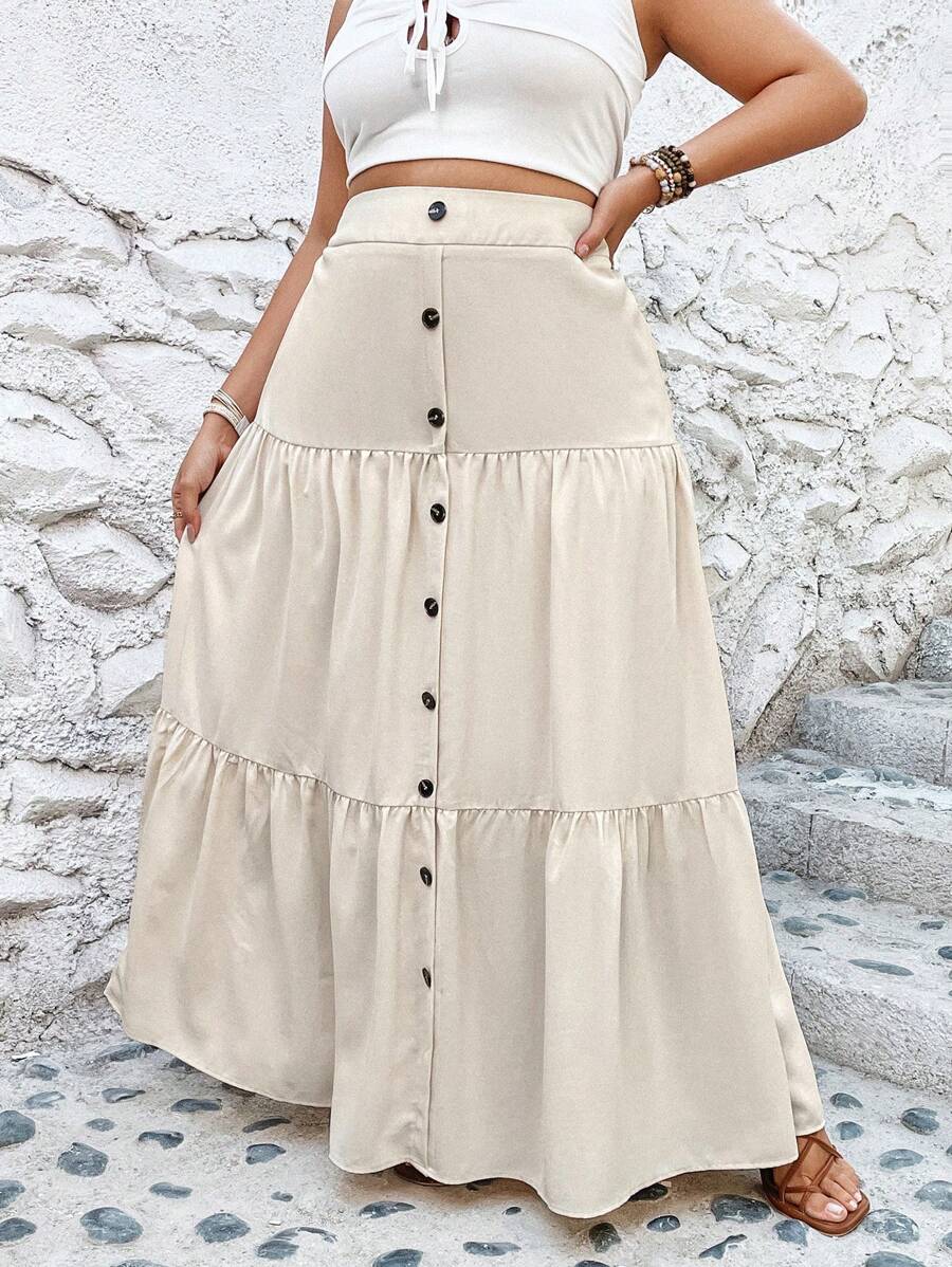 SHEIN VCAY Váy Plus Size Viên lá sen Nút phía trước màu trơn Giải trí - Màu be - Xem 1