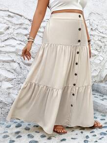 SHEIN VCAY Váy Plus Size Viên lá sen Nút phía trước màu trơn Giải trí - Màu be - Xem 3