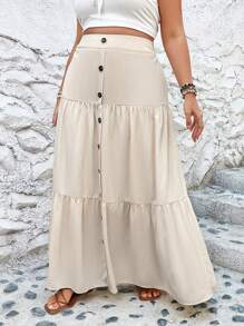 SHEIN VCAY Váy Plus Size Viên lá sen Nút phía trước màu trơn Giải trí - Màu be - Xem 4