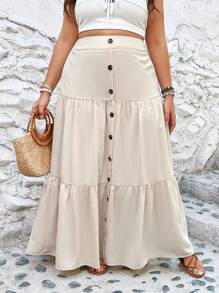 SHEIN VCAY Váy Plus Size Viên lá sen Nút phía trước màu trơn Giải trí - Màu be - Xem 5