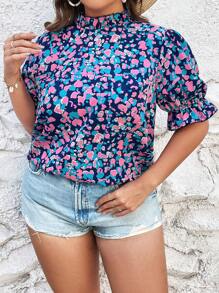 SHEIN VCAY 大碼滿版印花荷葉袖襯衫 - 彩色 - 查看 1