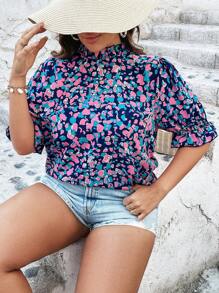 SHEIN VCAY 大碼滿版印花荷葉袖襯衫 - 彩色 - 查看 3