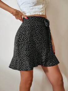 SHEIN VCAY Váy nữ Thắt nút Viên lá sen Trọn gói Chấm bi Giải trí - màu đen - Xem 2