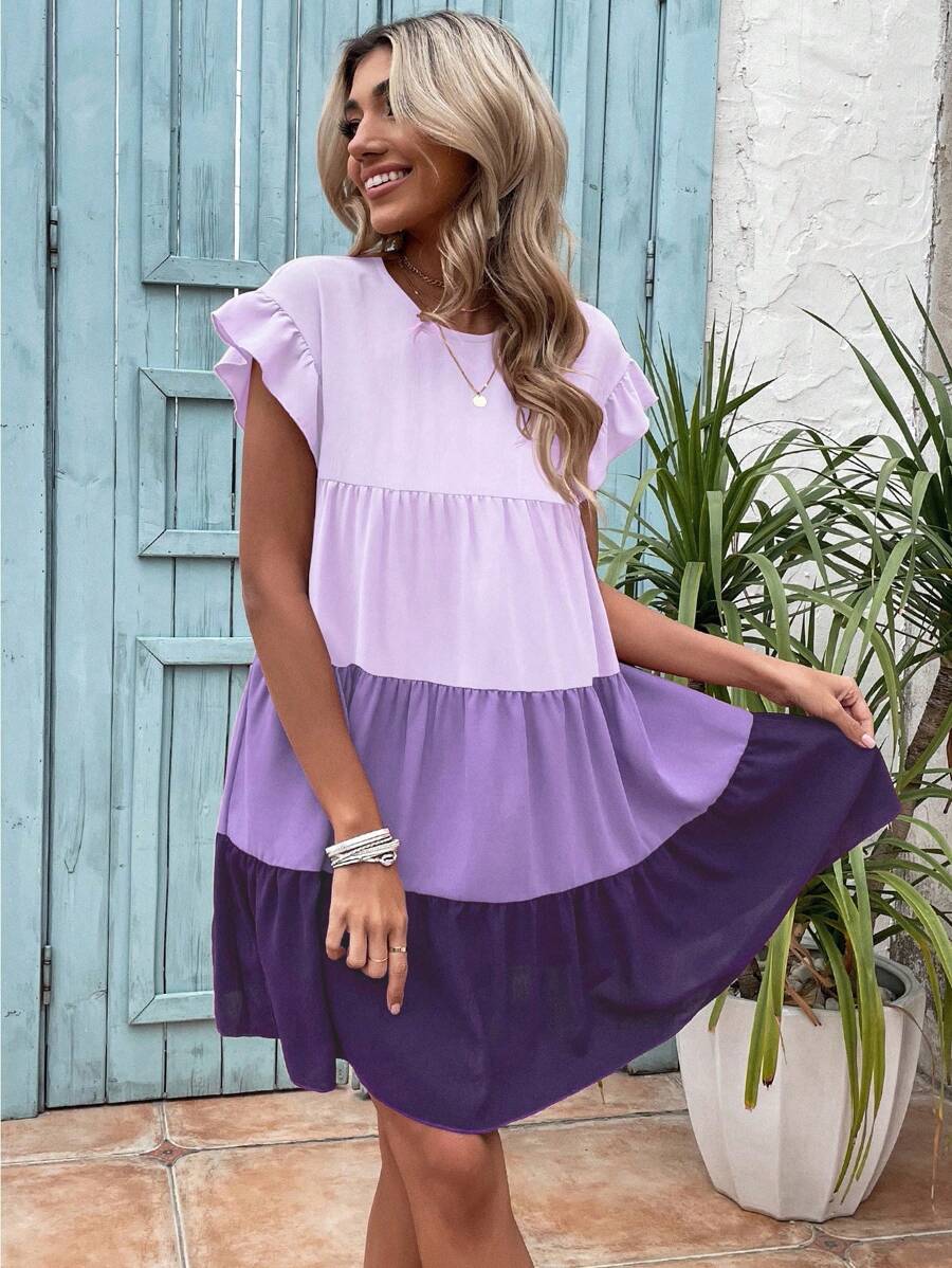 SHEIN LUNE Colourblock Flounce Sleeve Ruffle Hem Smock Dress - Purple - View 1